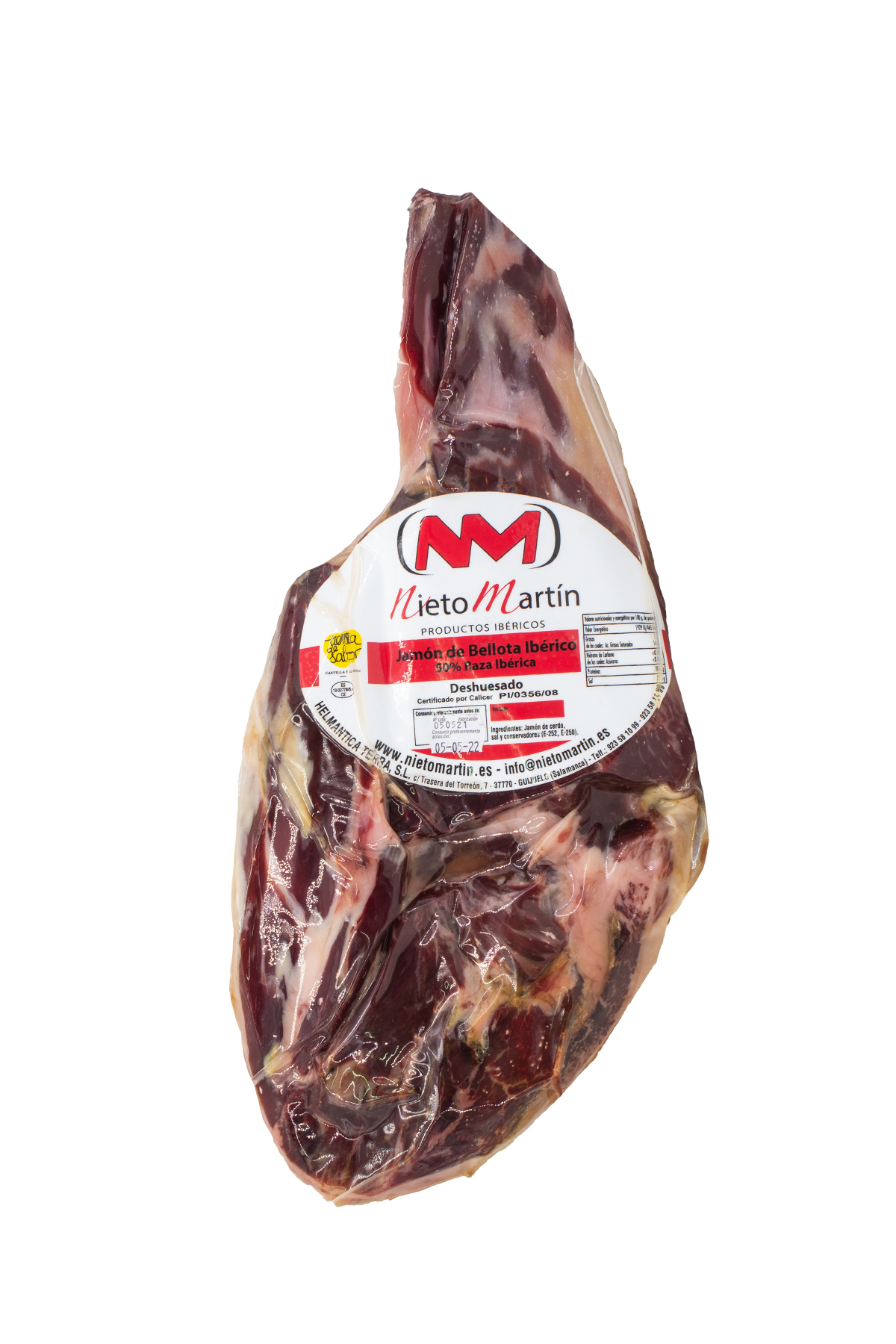 Jamón de Bellota Ibérico 50% Raza Ibérica Deshuesado Nieto Martín, curado lentamente en Guijuelo con sabor equilibrado y notas de bellota